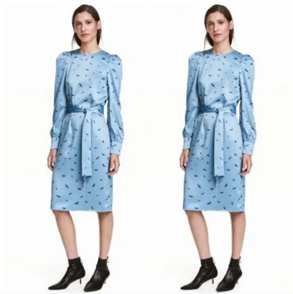 H&M Blue Bird Patterned Modern Classic Dress Size Women's 14 - Picture 1 of 14
